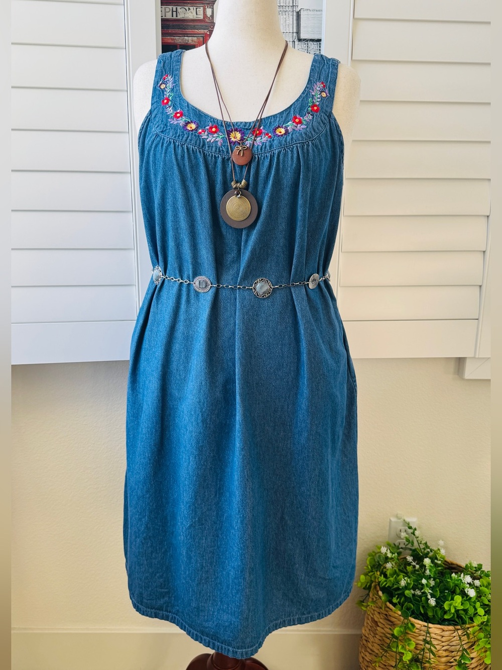 Only Necessities. Denim Embroidered Sleeveless Dress - Blue. Size 1X.